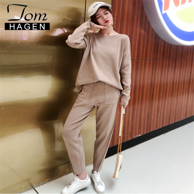 Tom Hagen Autumn Women Suit Warm Cashmere Sport Suit Sweater Two Piece Knitted Set Casual Tracksuit Jogger Set Sweatsuit