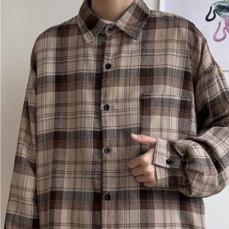 Våren bomulls rutig skjorta herr retro brun fritidsskjorta herr streetwear vilda lösa långärmade skjortor herr m-xl