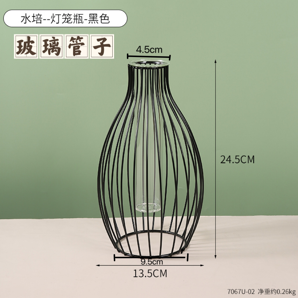 Wine Bottle Simple Hollow Iron Vase Decoration Home Living Room Transparent Simulated Flower Dried Flower Container: Navy Blue