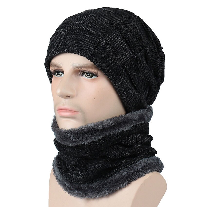 Vinter mænd hue og tørklæde sæt til kvinder mandlige ring tørklæder cap strik beanies slouchy hat blød stretch kabel skullies varm jakkesæt: Sort hat tørklæde sæt