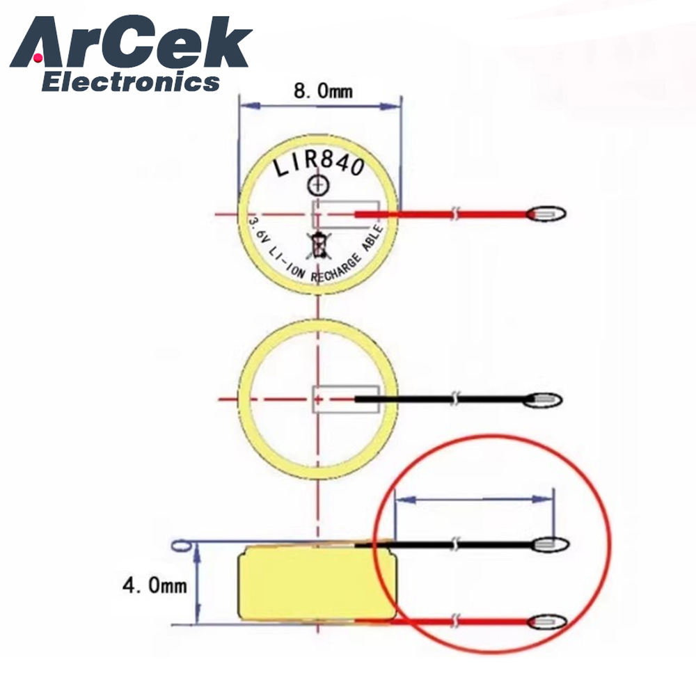 Bateria de botão recarregável lir840, 2 peças com fio 3.6v 18mah baterias de lítio para fone de ouvido bluetooth tws