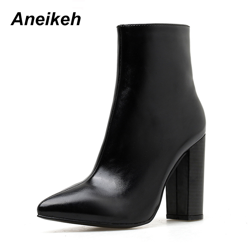 Aneikeh kortfattad pu dam stövlar dragkedja fyrkantig hög klack solid spetsad tå skor partydans ankel boots svart stl 35-42