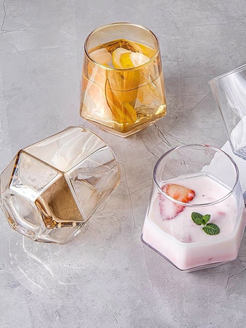 1PCS Glass Hexagonal Geometric Drinking Glass Water Glass Wine Glass Cup Reusable Transparent Juice Beer Glass Whiskey Glass