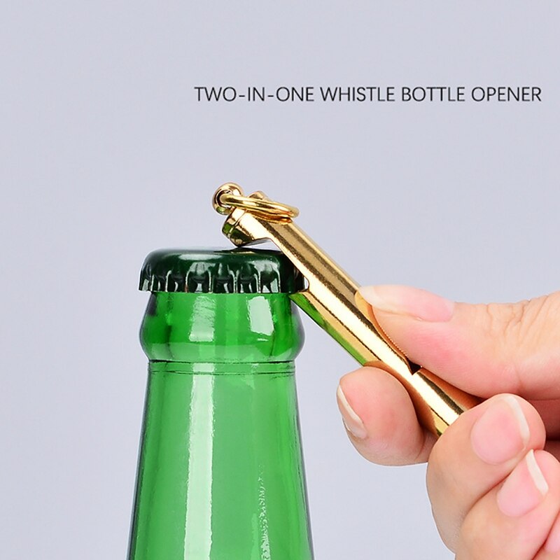 2-in-1 Pfeife Flasche Opener Pfeife Keychain Handmade Messing Schlüsselring für Outdoor Notfall Überleben Camping Jagd