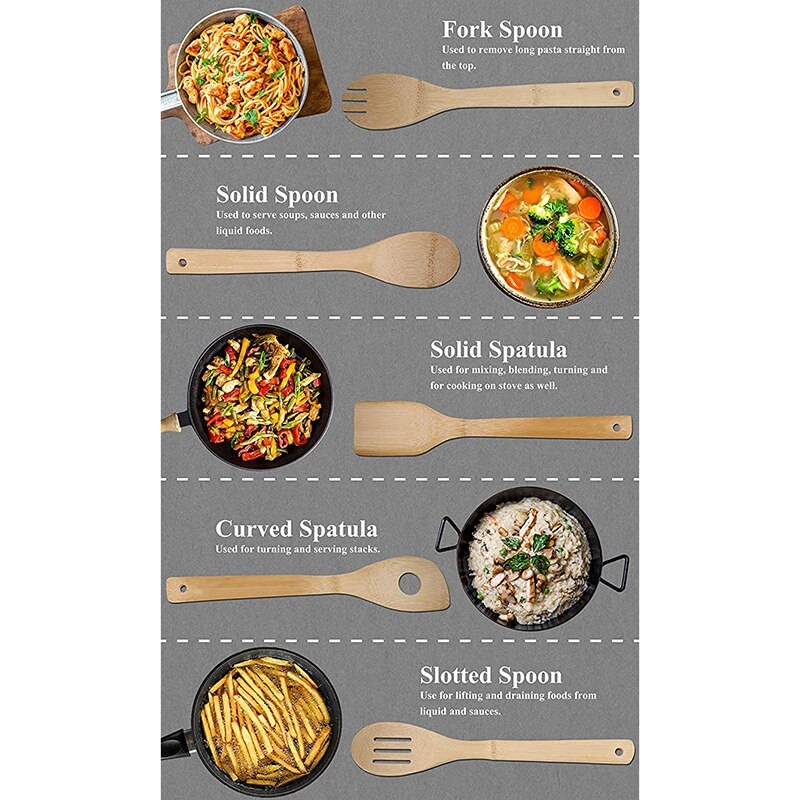 6 Piece Set Bamboo Utensils Set Bamboo Cooking Utensils Wooden Spoons for Cooking Wooden Kitchen Utensil Set