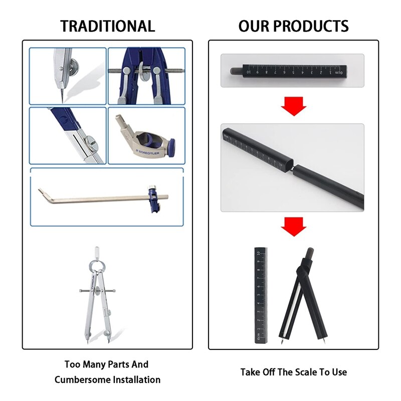 Multifunction 4 in 1 Drawing Compass with Erasable Pen Ruler Eraser for Geometry Drafting Math Students