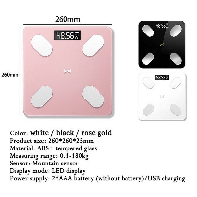 Usb Charge Bluetooth Scales Bathroom Scale Smart Backlit Display Body Weight Body Fat Water Muscle BMI