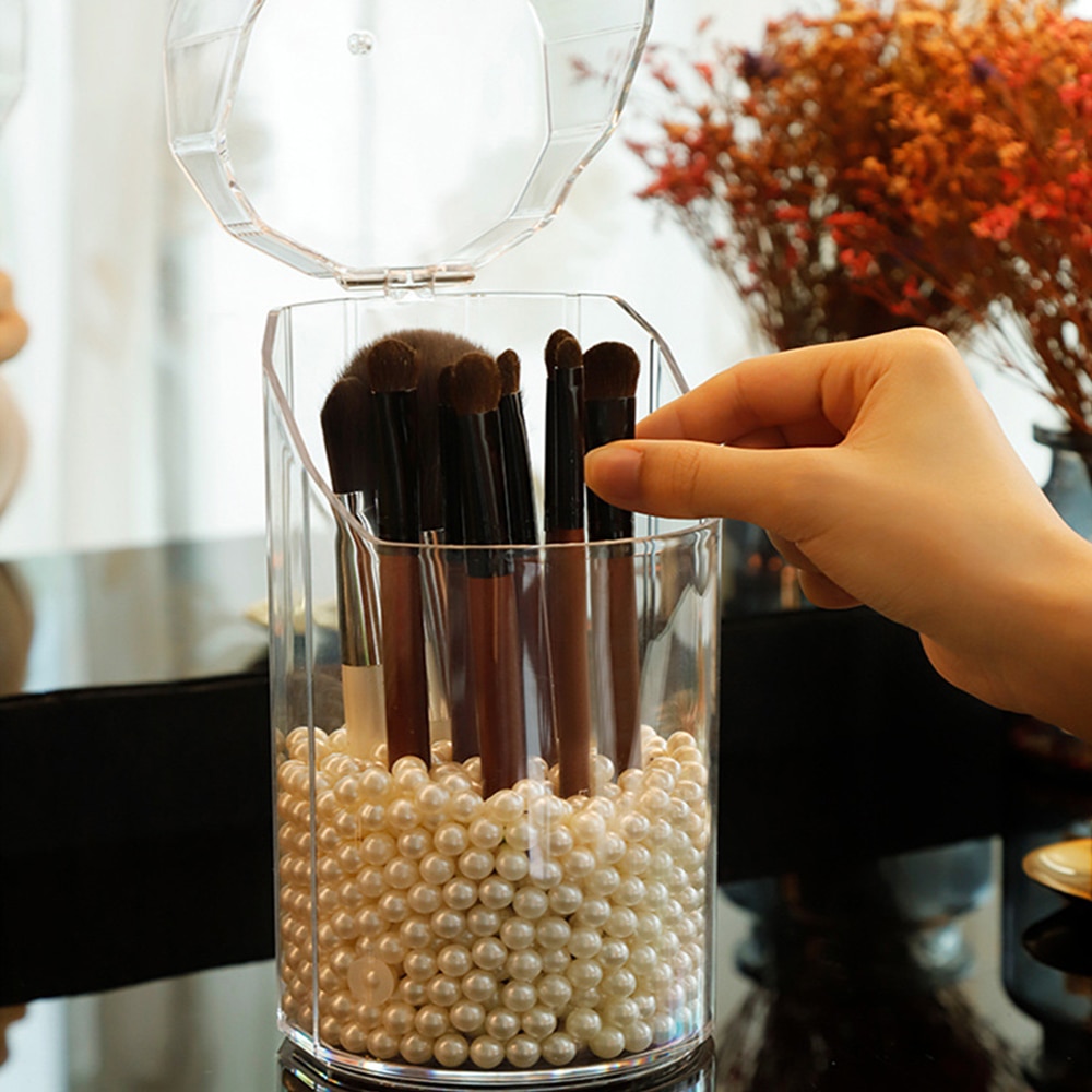 Caja acrílico transparente para guardar brochas de maquillaje, recipiente perlado de almacenamiento y organizador para cosméticos y para lápices de labios