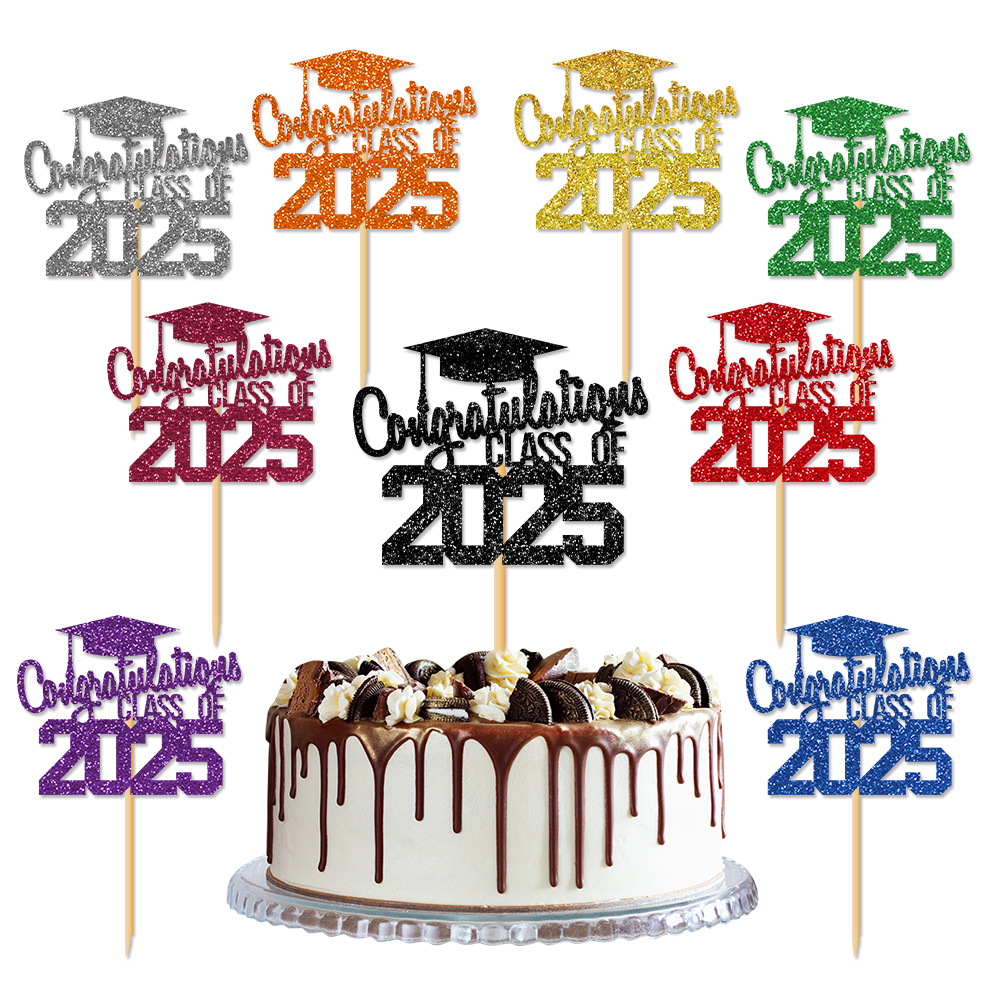 1 stks Gefeliciteerd Klasse van 2025 Afstuderen Cake Topper Glitter Gefeliciteerd Grad Cap Cake Picks voor Afstuderen Thema Party Decor