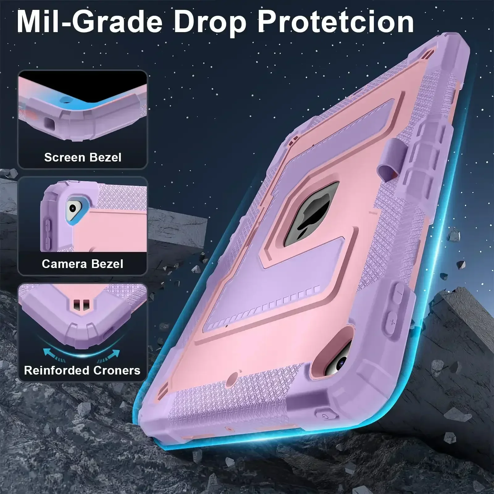 Etui til ipad 10.2 7th 8th 9th 10 , sikkert silikone + pc skulderrem, stødsikkert stativ, tabletcover, håndtag, stativ, robust fundas