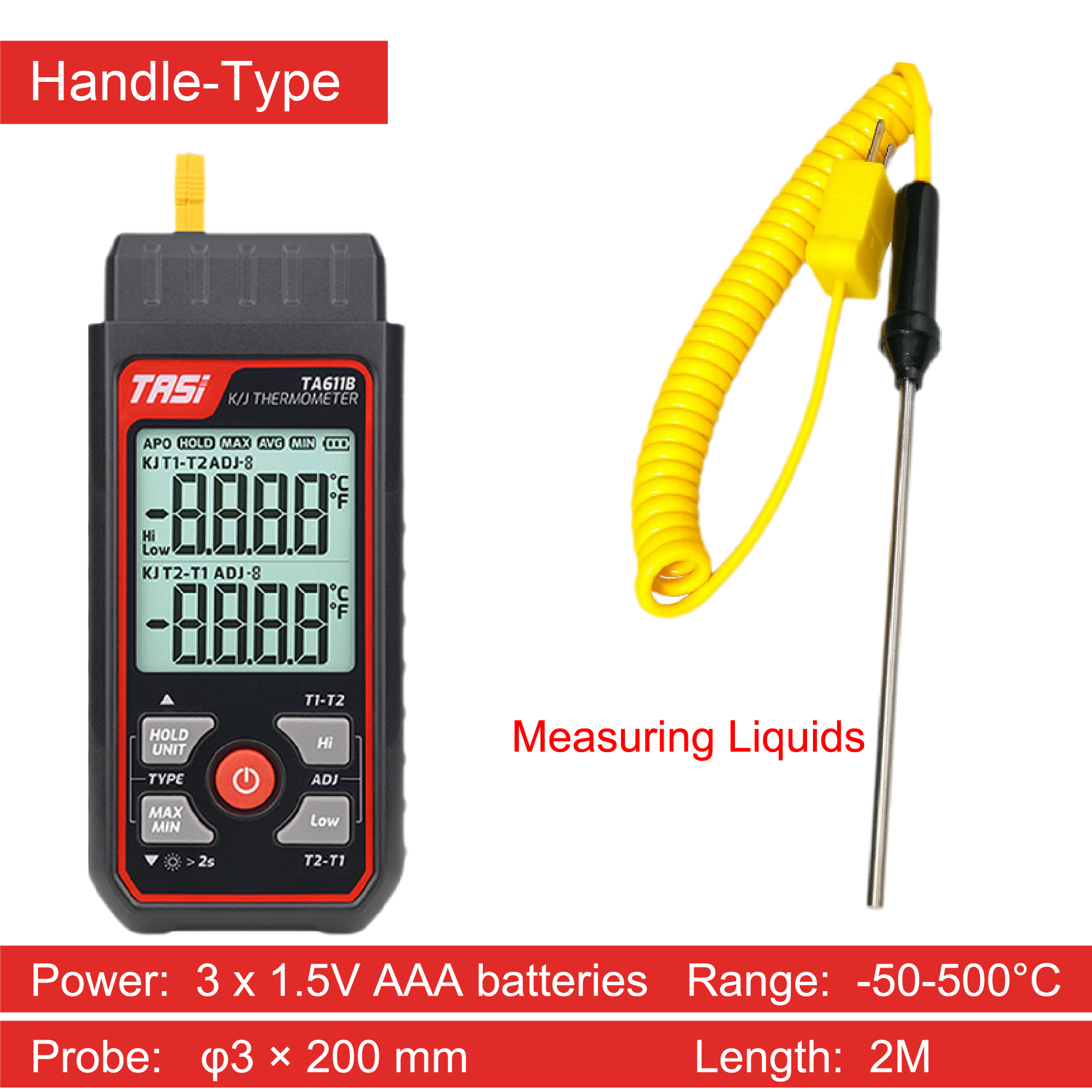TA611A Single Channel K Type Thermocouple Thermometer High Precision Digital Surface Temperature Gauge with Contact Probe: Orange