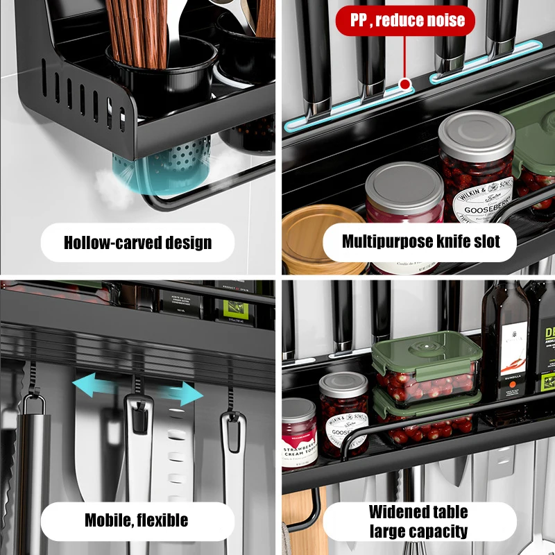 Estante de almacenamiento de cocina, estante de especias montado en la pared, de aluminio, sin perforaciones, cuchara, cuchillo, organizador de cocina multifunción