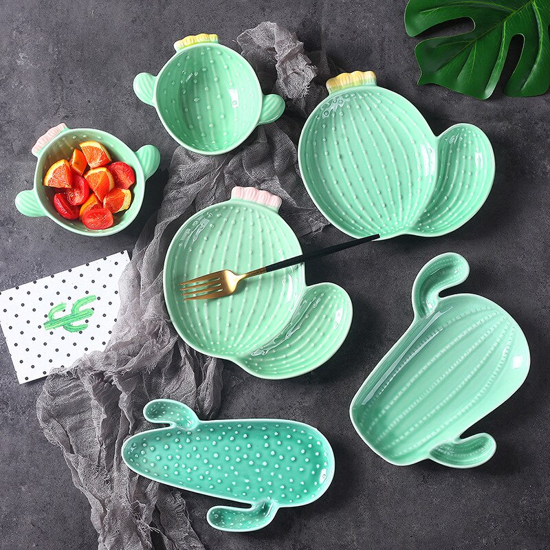 Vajilla de cerámica creativa de estilo nórdico para el hogar, plato bonito de Cactus y planta, tazón para desayuno, vajilla para aperitivos, plato para ensalada y fruta