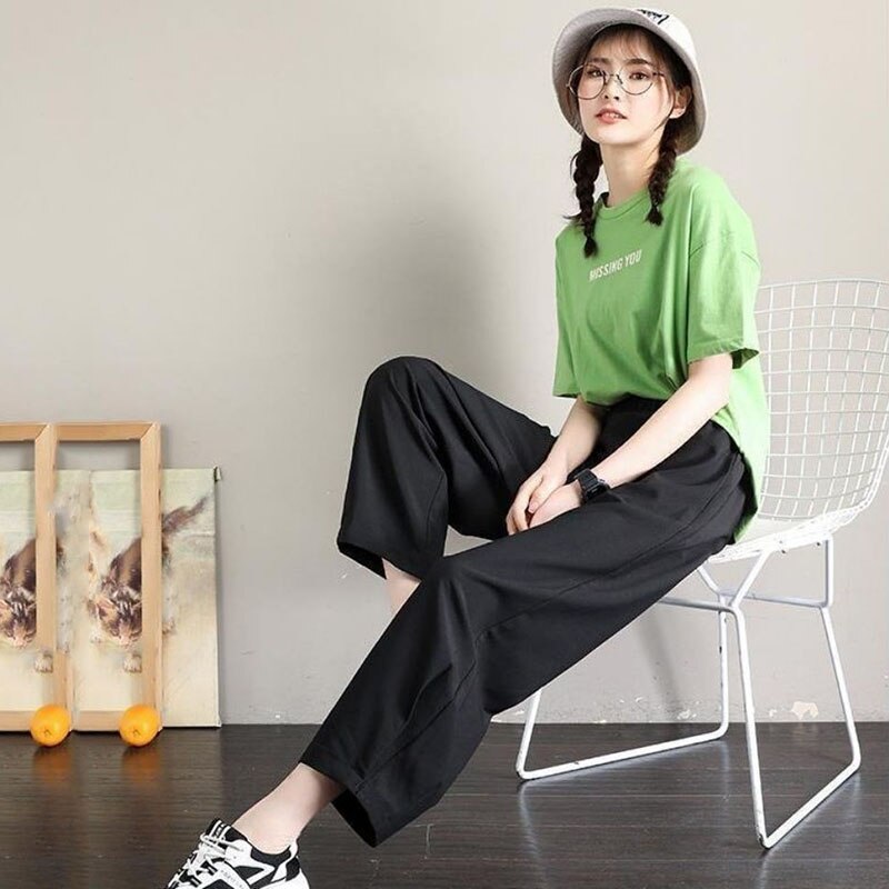 Women Sleep Bottoms Home Pants Ankle-length Loose Black Straight Trousers Thin Oversize Loose Casual Student Outwear