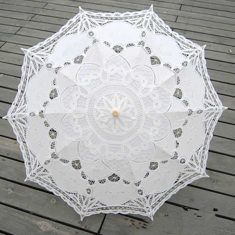 Handgemachte Stickerei Spitze Sonnenschirm Regenschirm Frauen Hochzeit Braut Foto Weiß Baumwolle Holz Griff Dekoration Regenschirm