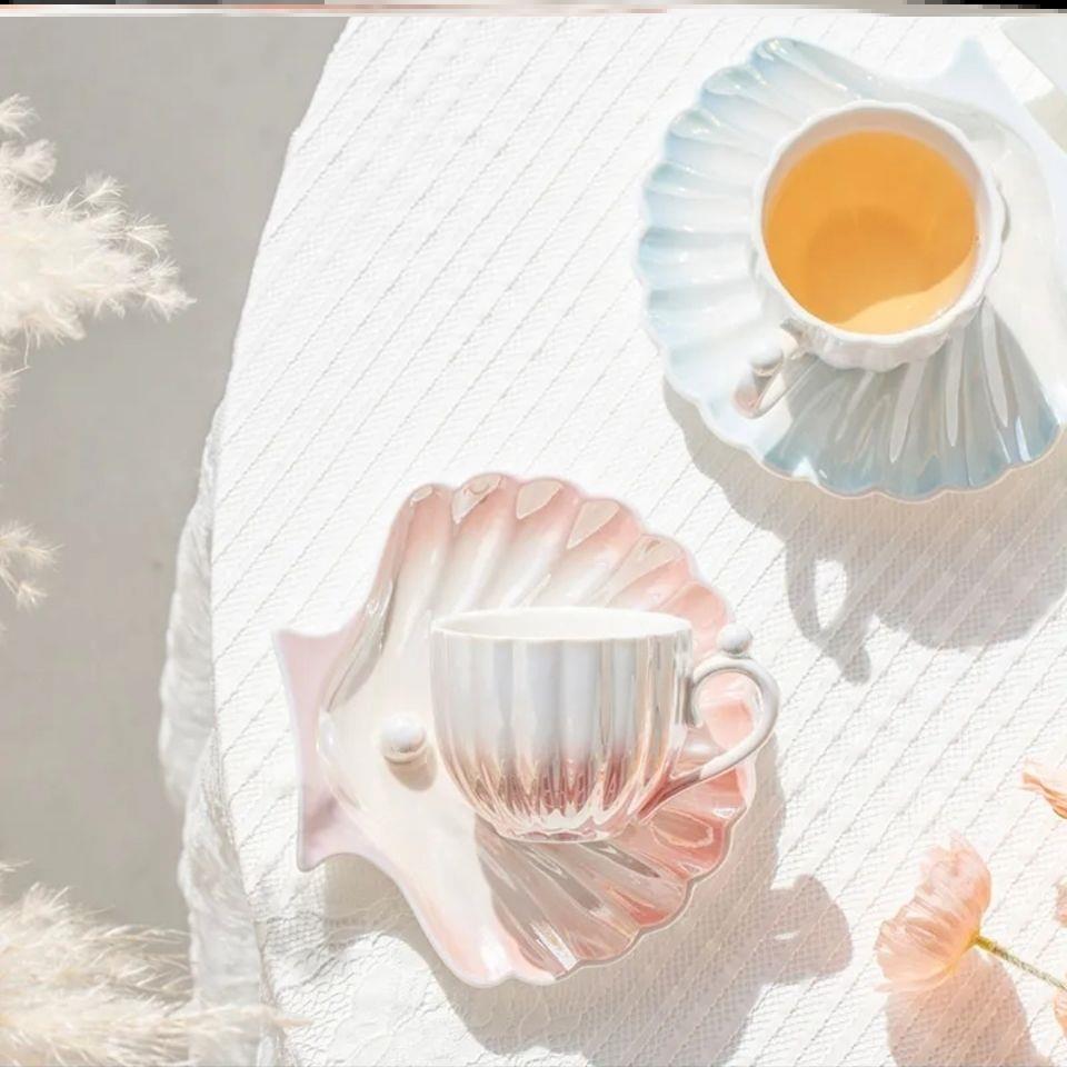 Luxury Pearl Shell Coffee Set Gradually Colour Ceramic 250ml Tea Set Cup and Saucer