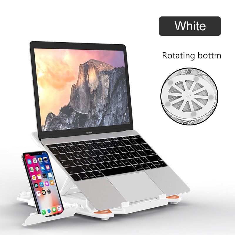 360 Rotating Laptop Stand Foldable Notebook Stand For Macbook 15 Lenovo Laptop Holder Computer Cooling Bracket With Phone Holder: White Rotating