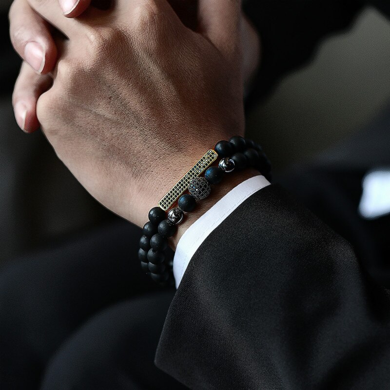 Conjunto de 2 unids/set de pulsera de corona de León para hombre, brazalete clásico de cuentas de piedra de Lava mate, pavé CZ, de joyería: 6