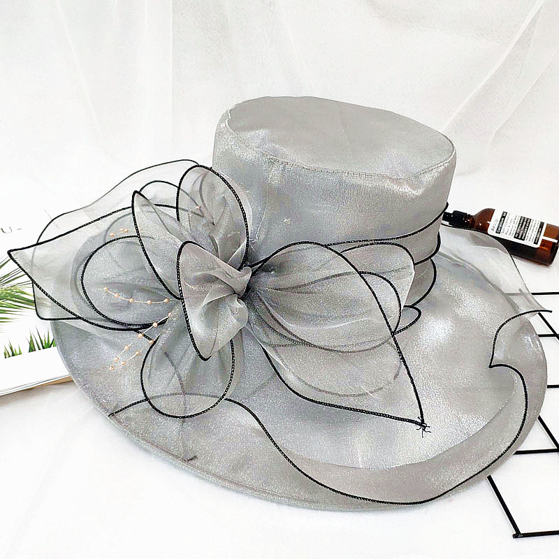 Women's Organza Church Fascinator Bridal Tea Party Wedding Hat Ladies Female Fedoras Solid Color Cute Outdoor Cap: Silver grey
