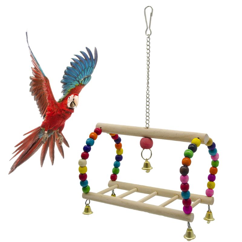 Loro de juguete pájaro colgante de madera de oscilación escalera para loros pájaro jaula de mascar juguete Bell 53CA