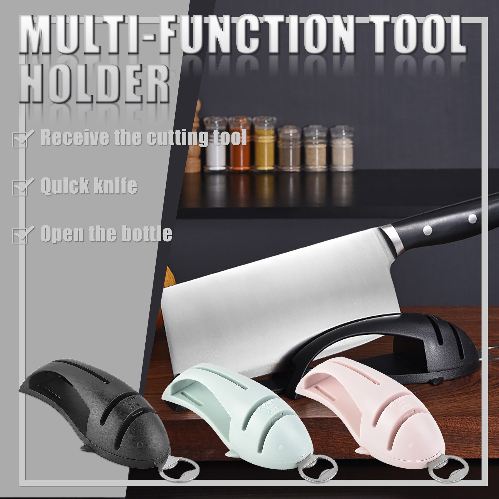 Afilador de cuchillos multifuncional 3 en 1, abridor de botellas de cerveza, estante para cuchillos para cocina doméstica, afilador de cuchillos eficiente y fácil de usar