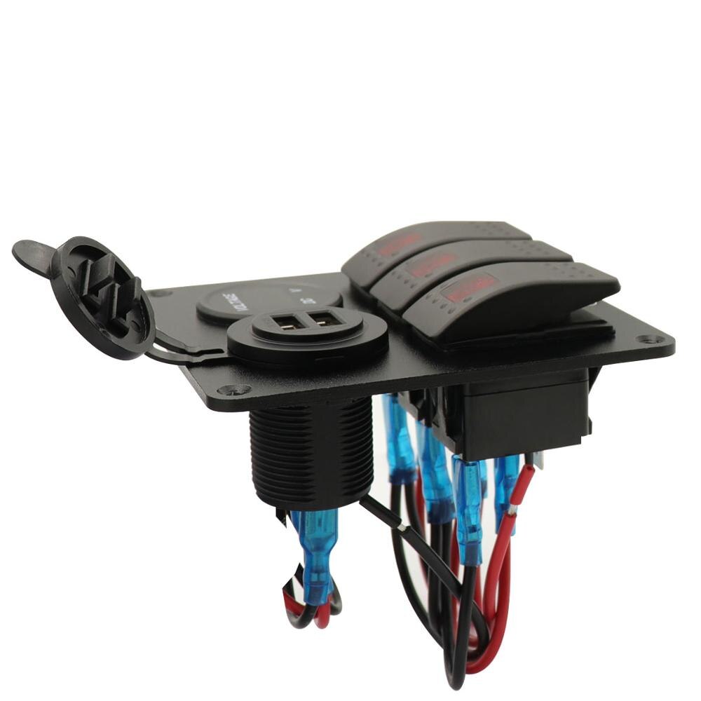 12V/24V 3 Gang Rocker Switch Panel with 4.8A Dual USB Charger and LED Digital Voltmeter for Marine Boat Car Rv Rocker Switch