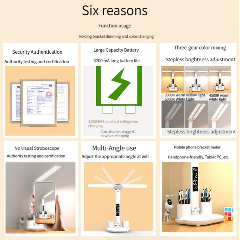 LED Relógio Desk Lamp, USB recarregável, Plug-In, Dimmable Desk Lamp, 180 Rotatable, dobrável proteção para os olhos, Leitura Night Light, 2 cabeças