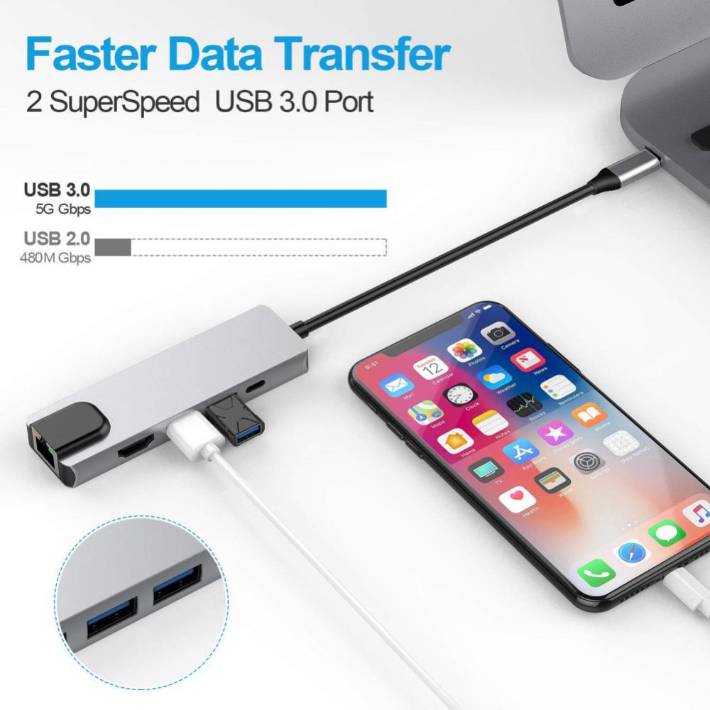 5 in 1 USB C Hub Typ C bis 4k HD Adapter mit Gigabit 1000m RJ45 Netzwerk Ethernet LAN Ladegerät Port Adapter für MacBook Pro