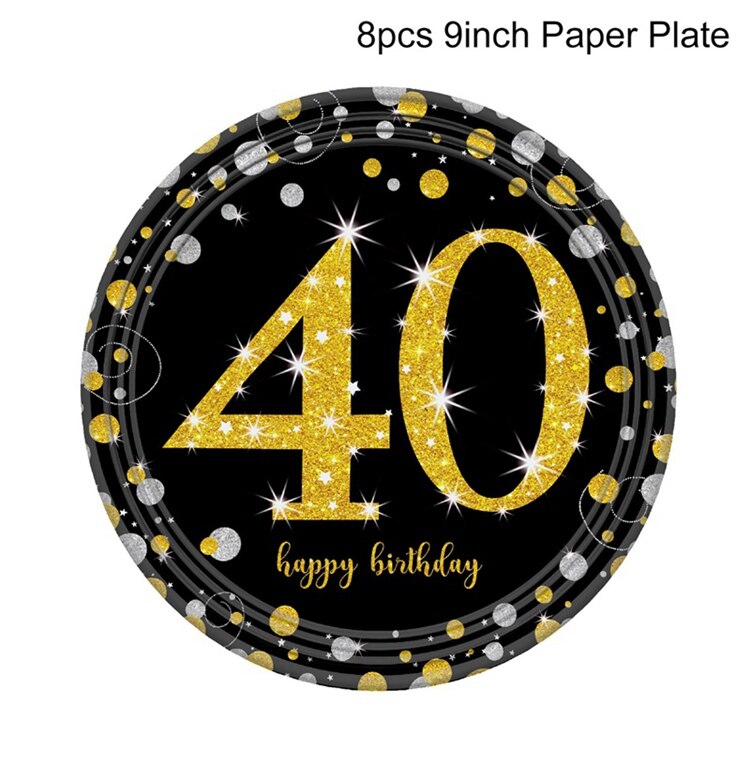 HUIRAN Black Golden Balloons 40 Years Old Birthday Baloon Happy 40th Brithday Party Decorations Adult Ballon Number Balon Globos: paper plate 9inch