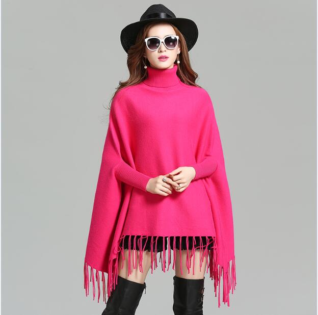 Stil vinter løs sweater sjal rullekrave lange kvaster strikket flagermusærmer sweater: Rosenrød