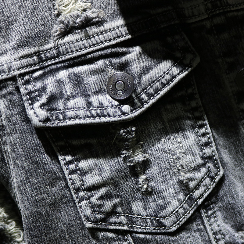 Herfst lente denim jas jassen heren gat grijs effen kleur lange mouw omslagkraag zakken retro cowboy mannelijk