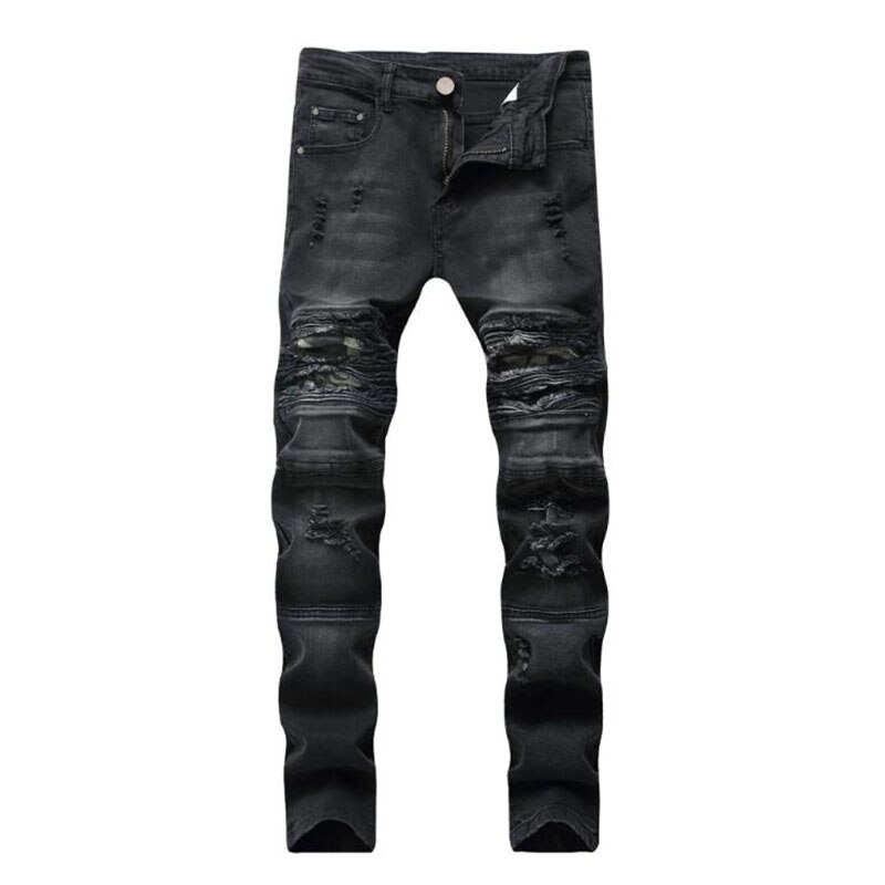 Heren gescheurde biker jeans gat skinny slim fit broek heren merk lente herfst gekrast zwart blauwe denim broek 42