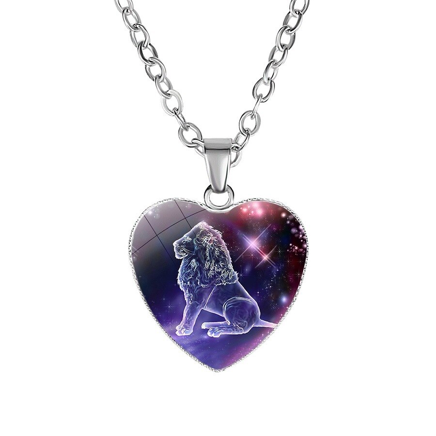 12 Sterrenbeeld Ketting Voor Vrouwen Glas Constellation Hart Vormige Hanger Kettingen Choker Vrouwelijke Mode Verjaardag Sieraden: Leo
