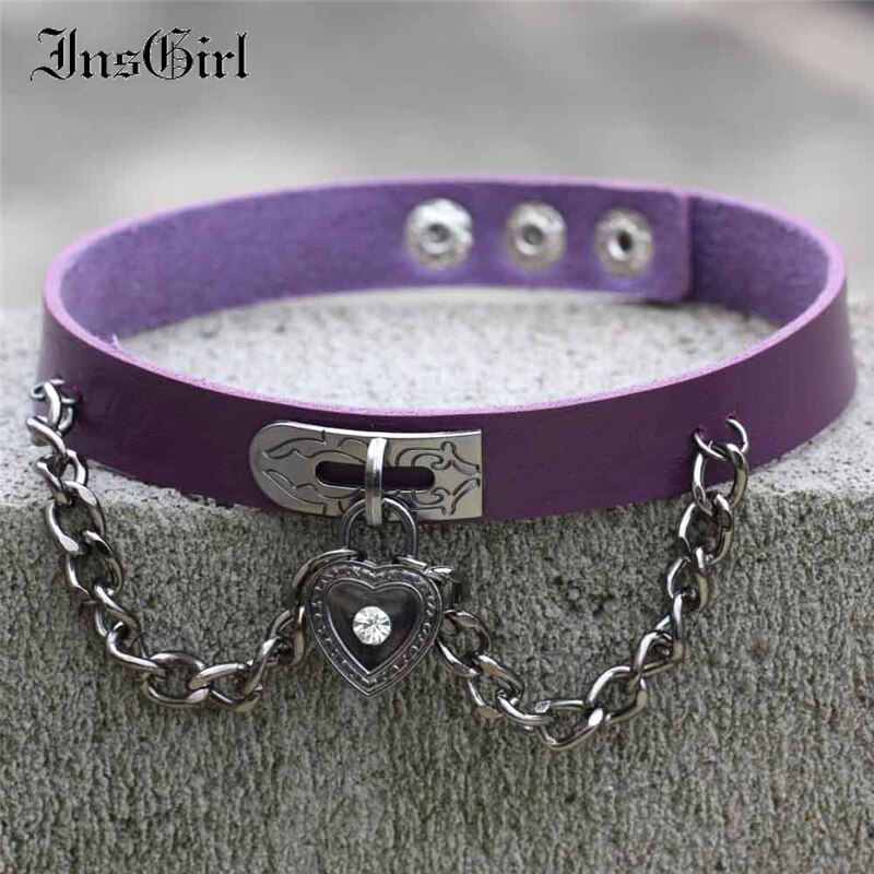 InsGirl Mall Goth Punk Choker Y2k E-girl Streetwear Cospay Heart Pendant Chain Hip Hop Harajuku Gothic Pu Leather Choker