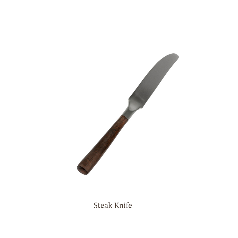 Retro Wooden Handle Dinner Knife Fork and Spoon 304 Stainless Steel Steak Knife Fruit Fork Coffee Tea Spoon Cutlery Set: Brown