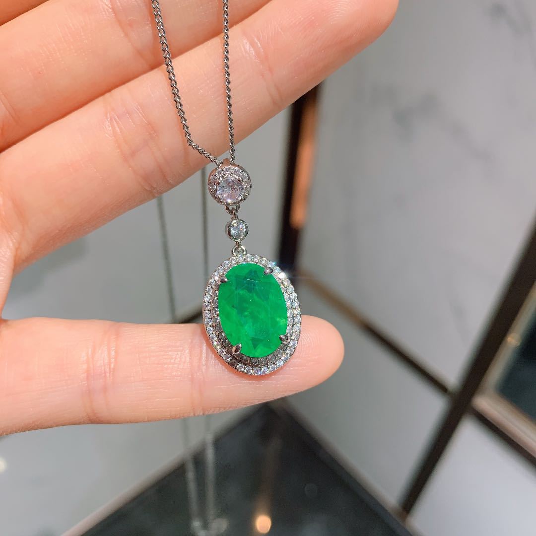 QTT Natürliche Smaragd Turmalin Stein Halskette Baumeln Ohrringe setzt Silber Farbe Oval Schmuck-einstellen Für Damen Mädchen Hochzeit: Halskette