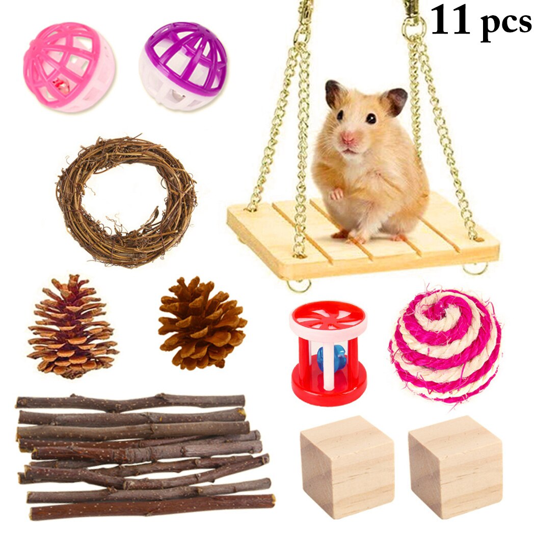 11Pcs Pet Hamster Natural Wooden Toys Chinchilla Cage Accessories Rabbit Wooden Toys Hamster Chew Toy Interactive Hamster Toy: Default Title