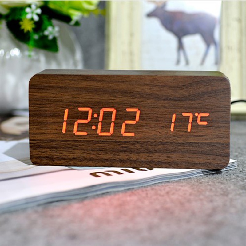 Houten houten klok, digitale klok, elektronische klok en kosten multi-color FiBiSonic wekker met thermometer