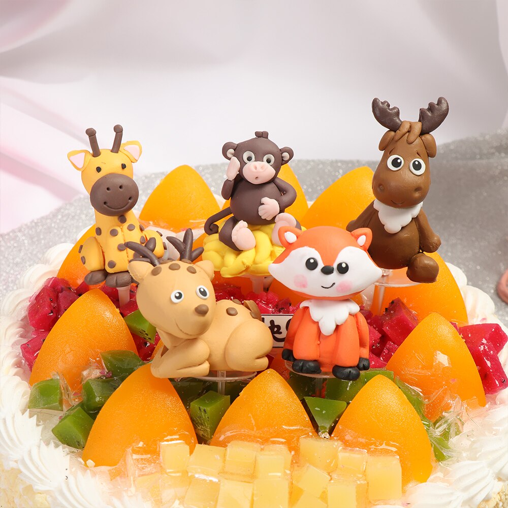 1PC Cartoon Animal Forest Trees Cake Toppers Soft Pottery Picks Cute Safari Jungle Animal DIY Craft Birthday Cake Decor