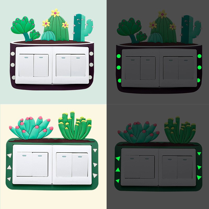 Kaktus børneværelsesindretning fluorescerende væg silikone on-off dobbeltkontakt lysende lysafbryderudgang 3d tegneserie klistermærke