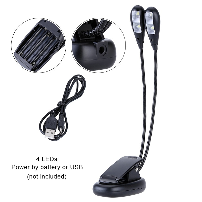 Luminosité Double Flexible Double Flex Goosenecks 4 LEDs livre lumières lampe de lecture lampe de Table à clipser lampe de bureau USB/AAA à piles