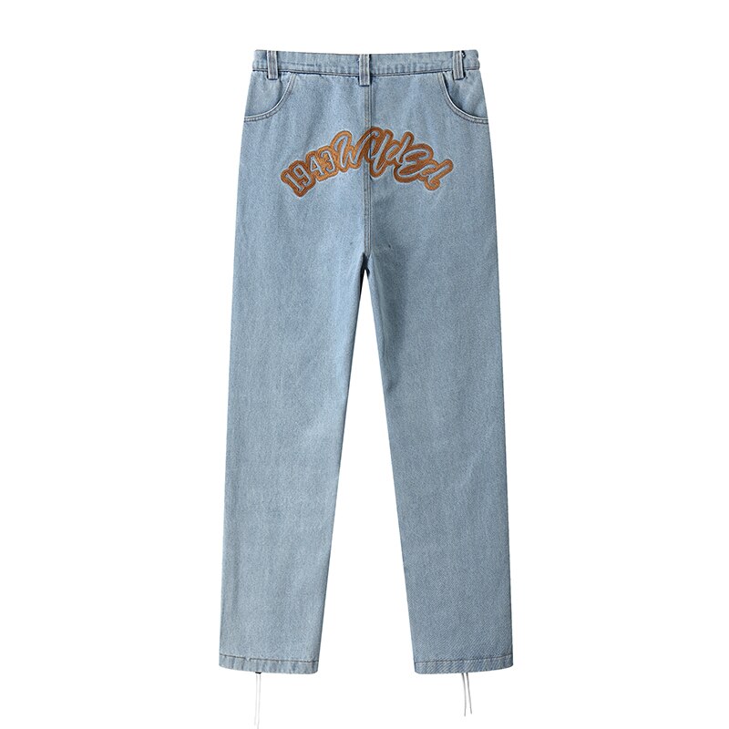 Pantalones vaqueros Harajuku con cordones en el tobillo para hombre, Vaqueros Bordado de letras desgastados Retro rectos y holgados de gran tamaño, informales de Hip Hop: Azul / Asian XL