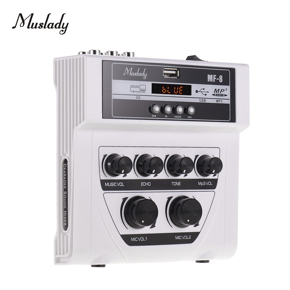Muslady MF-8 Mini Karaoke Sound Mixer Stereo Echo Mixers Dual Microphone Inputs Support BT Recording MP3 for PC Amplifier