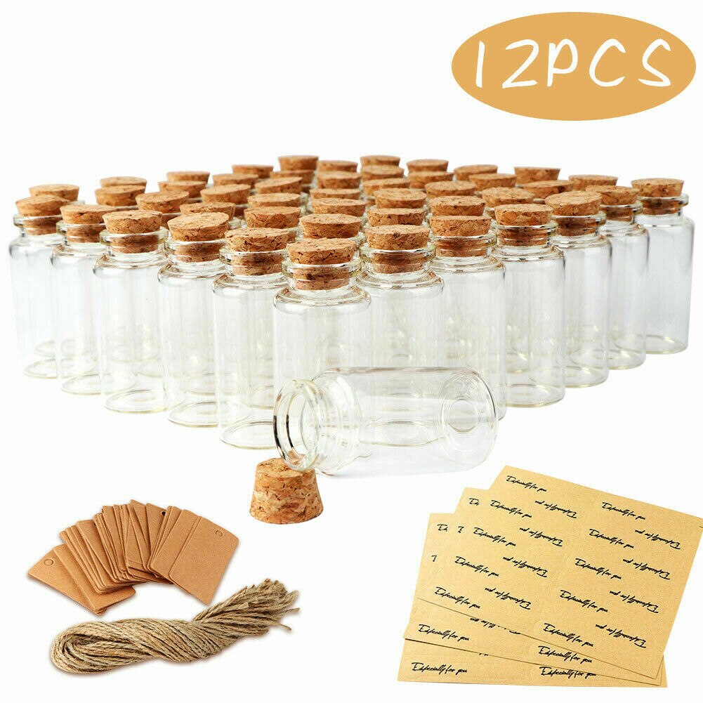 12PCS Mini Glass Bottle with Cork Stopper Small Glass Bottles Clear Vial Empty Wish Bottles Storage Cork Box Home Wedding Decor