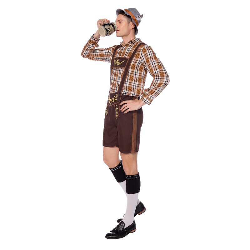Men Oktoberfest Costume Germany National Plaid Shirt Lederhosen Outfit Cosplay Carnival Halloween Fancy Party Dress