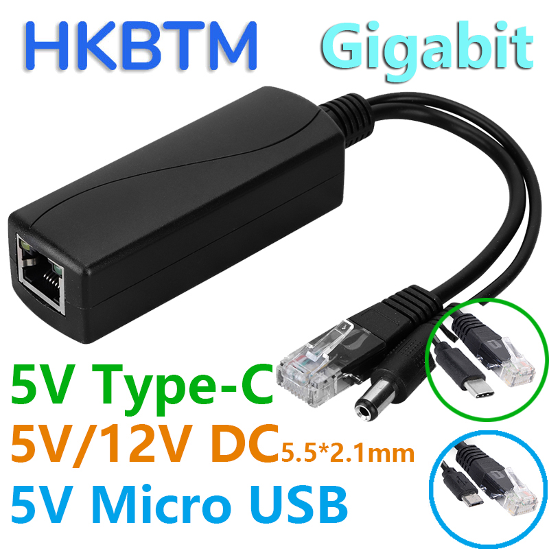 Hkbtm gigabit poe splitter micro usb/type-c/dc power over ethernet til ip kamera/raspberry pi/sensecap/bobcat