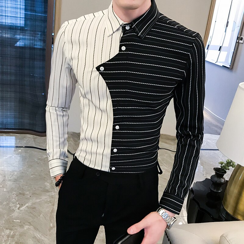 Randig skjorta herr långärmad slim fit svart vit kontrastfärg patchwork camisa hombre casual koreanska höstskjortor  v210