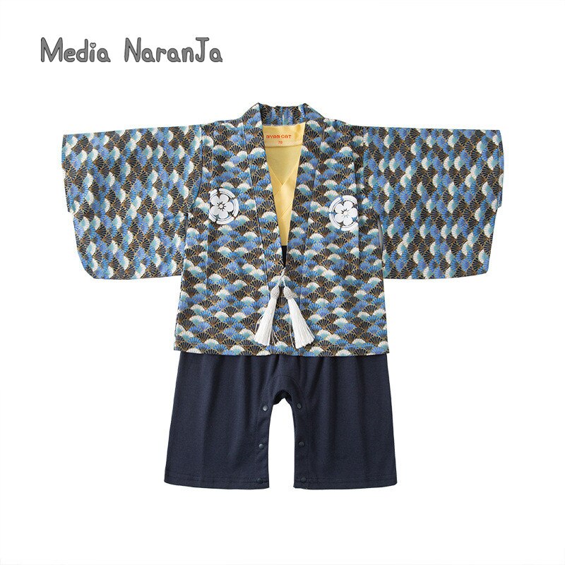 Bébé garçon springfall à manches longues infantile enfant en bas âge bleu fleur impression vêtements d'extérieur + barboteuse kimono costume style japonais vêtements