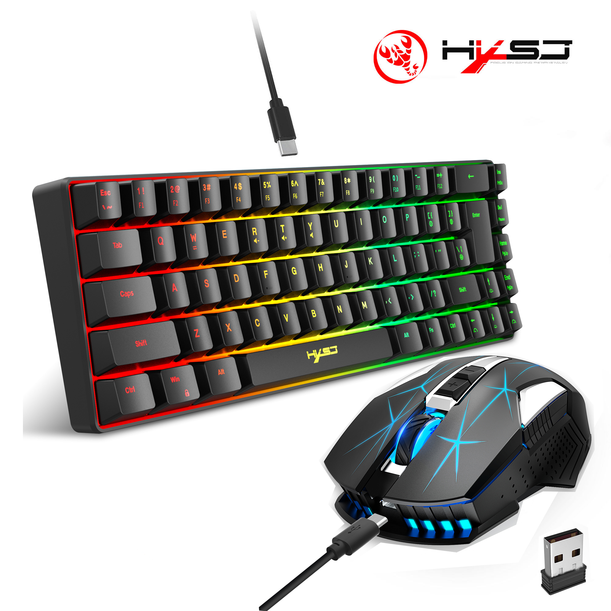 68-Tasten-Gaming-Tastatur- und Maus-Set, RGB-Hintergrundbeleuchtung, tragbare Spiele, kabelgebundene Membrantastaturen, kabellose Mäuse für das Heimbüro