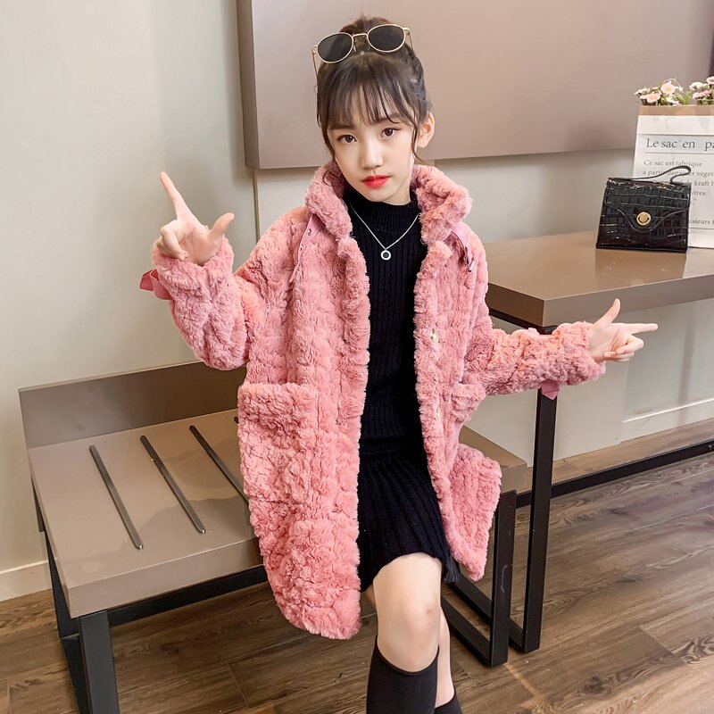 Herfst winter kinderen harige jas dikke windjack wol effen kleding tieners kinderen bovenkleding 4 to 13 jaar oud: Roze / 7
